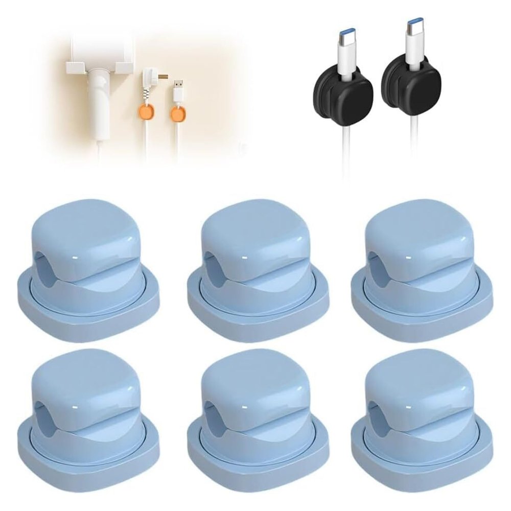 6 Pack Adhesive Cable Clips Organizer, Rotatable Cord Holder for Desk, Wall & Car - Wire Management for USB Charging Cables, Power Cords and Audio Wires(Blue)