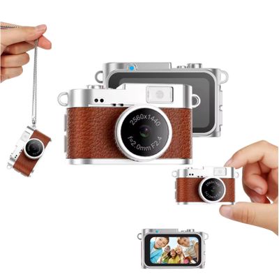Bewinner Mini Keychain Camera, 2K FHD Video Recorder 2MP Digital Camera with 1.47 Inch Color Screen & Built in 4 Filters LED Flash, Rechargeable Small Retro Cameras for Travel Vlog (Brown)