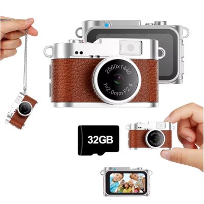 Bewinner Mini Keychain Digital Camera with 32GB Card, 2K FHD Video Recorder 2MP Tiny Camera with 1.47 Inch Color Screen & LED Fill Light, Rechargeable Small Cameras for Travel Vlog (Brown)