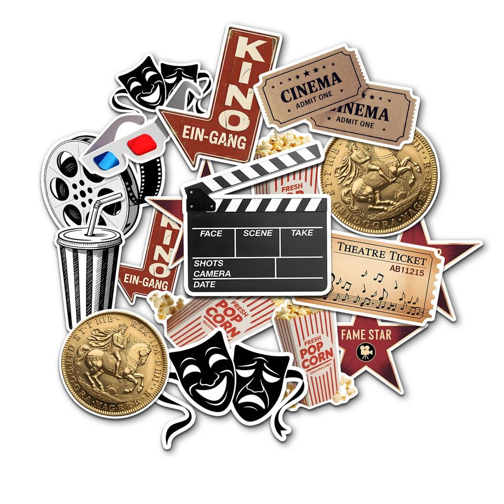 12 Pcs Movie Theme Stickers, Retro Cinema Vinyl Decals with Popcorn, Film Reel, Star, Ticket & Clapperboard Designs, Waterproof Aesthetic Stickers for Laptops, Water Bottles & Scrapbooks