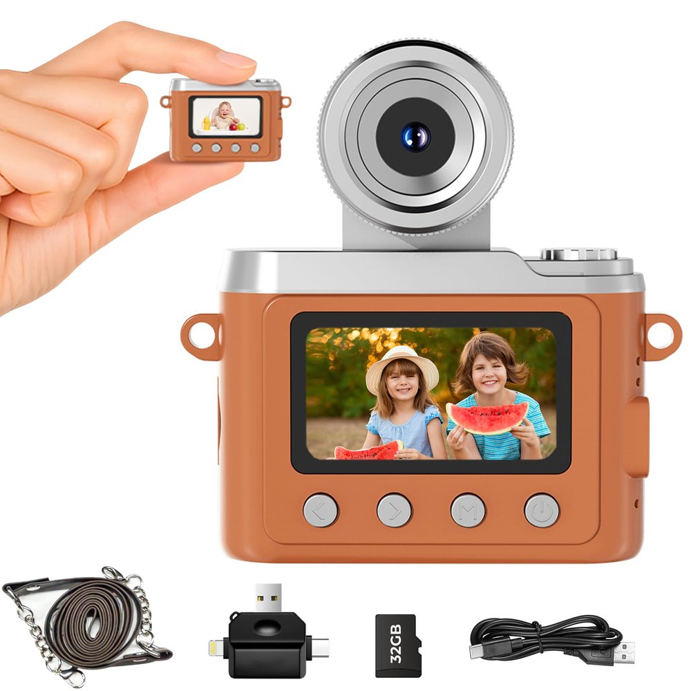 Heliora Mini Keychain Digital Camera, Retro CCD Camera 1080P Flip the Lens Digital Camcorder with 32GB Card & 3-in-1 Card Reader, Portable Tiny Camera for Kids, Beginner, Travel, Party and Vlog(Brown)