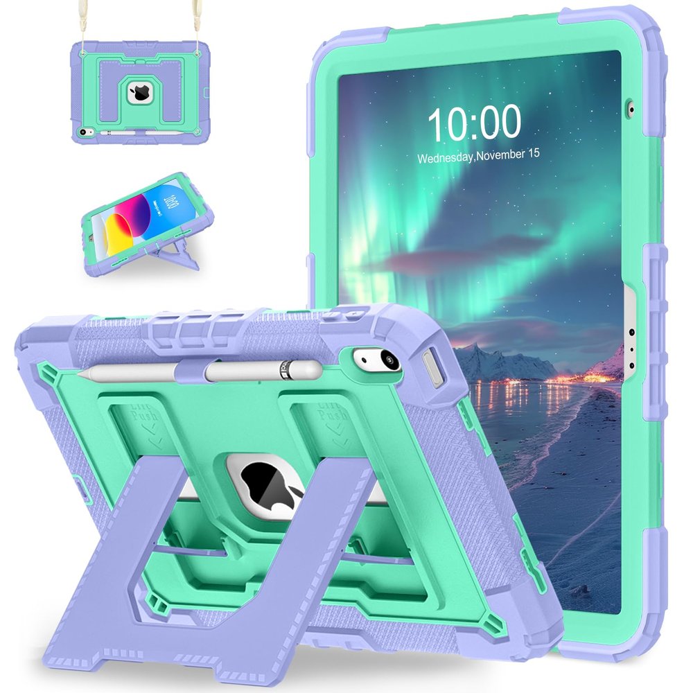 WESOROL Case for iPad A16 11th/10th Generation 2025/2022 with Pencil Holder Shoulder Strap iPad Case 10th Generation Shockproof Cover for iPad 11th/10th Gen Cases,Purple Green