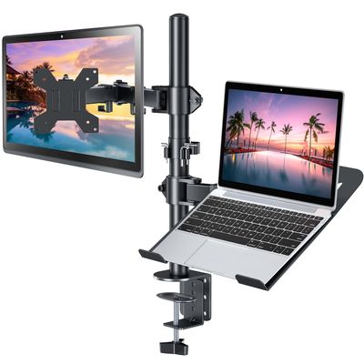 H&C(hcck&Cllassp) Monitor and Laptop Mount Stand for 13" to 32" Screens, Adjustable Monitor Arm Stand with Tray for 11-17 Laptop, Holds 18lbs/Arm, C-Clamp, 75x75/100x100 VESA