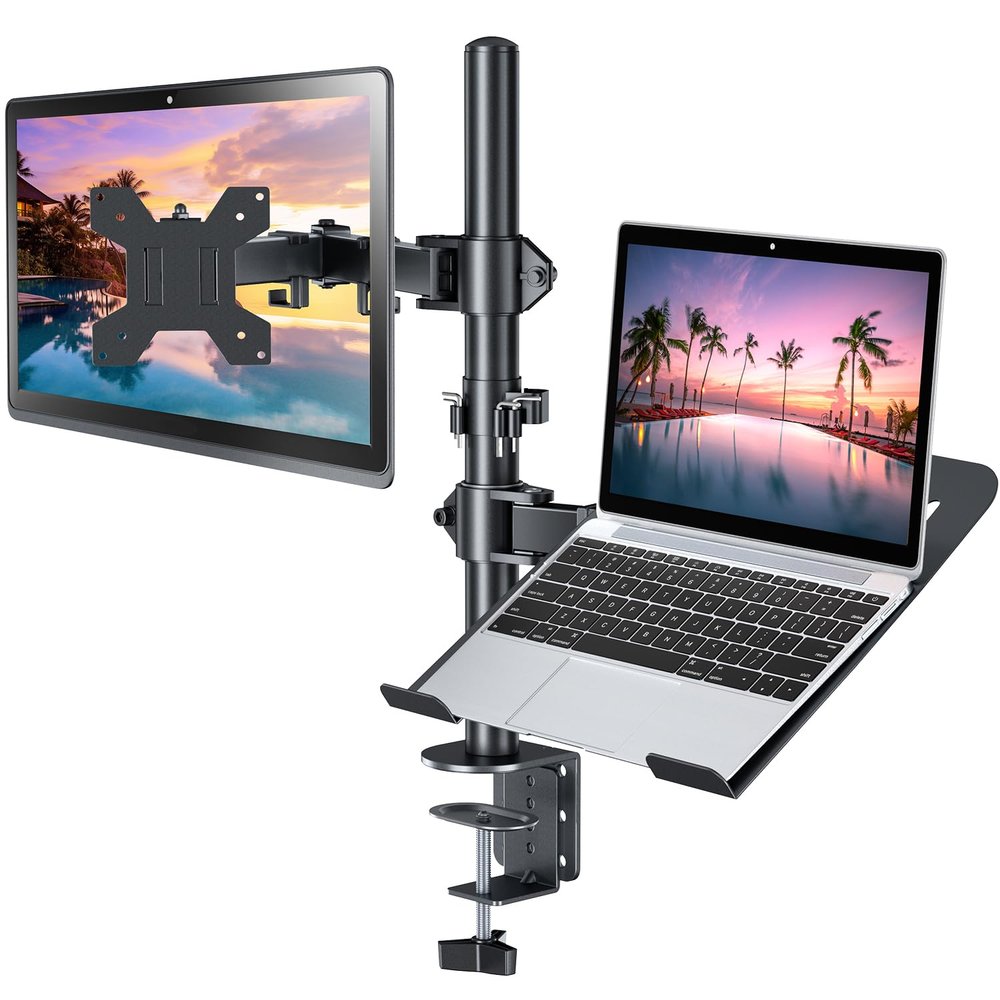 H&C(hcck&Cllassp) Monitor and Laptop Mount Stand for 13" to 32" Screens, Adjustable Monitor Arm Stand with Tray for 11-17 Laptop, Holds 18lbs/Arm, C-Clamp, 75x75/100x100 VESA