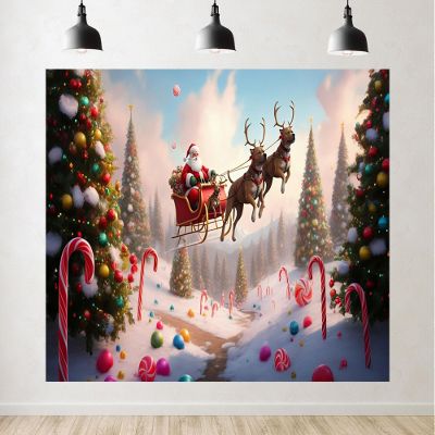 12x8ft Merry Christmas Santa Sleigh Backdrop Winter Snow Forest Xmas Trees Holiday Party Photography Background Decorations Happy New Year Party Supplies Photoshoot Studio Props Fabric