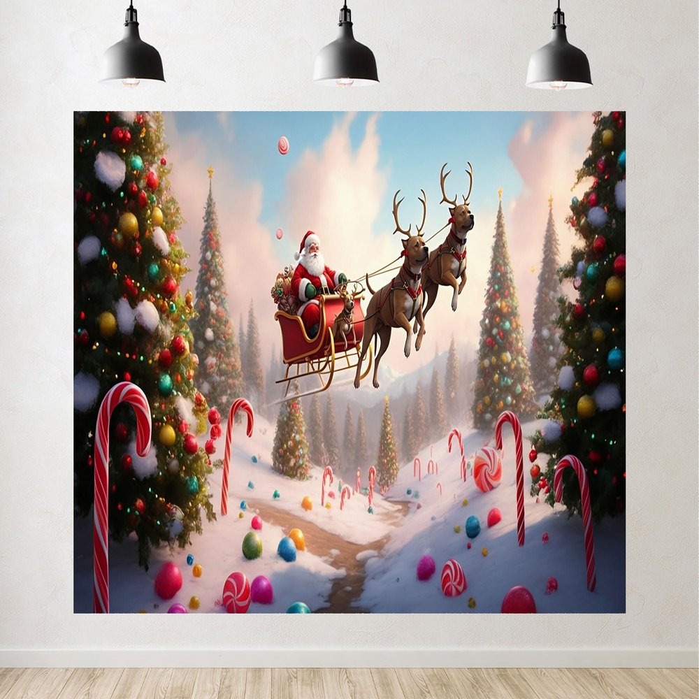 12x8ft Merry Christmas Santa Sleigh Backdrop Winter Snow Forest Xmas Trees Holiday Party Photography Background Decorations Happy New Year Party Supplies Photoshoot Studio Props Fabric