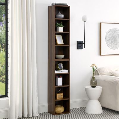 8-Tier Media Tower Rack, CD DVD Slim Storage Cabinet with Adjustable Shelves, Tall Narrow Bookcase Display Bookshelf for Home Office,Multi-functional double-decker bookcase (Walnut)