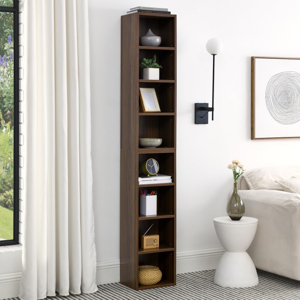 8-Tier Media Tower Rack, CD DVD Slim Storage Cabinet with Adjustable Shelves, Tall Narrow Bookcase Display Bookshelf for Home Office,Multi-functional double-decker bookcase (Walnut)