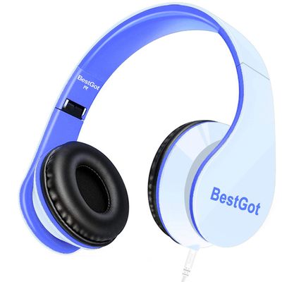 BESTGOT Headphones for Kids Children Headphones for Kids Boys Adult with Microphone Volume Control Foldable Headset with 3.5mm Plug Removable Cord (White/Blue)