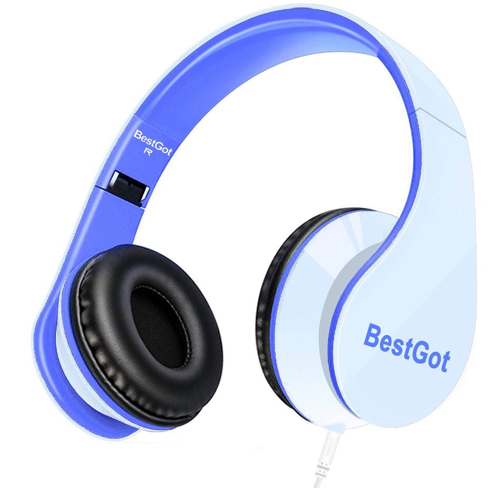 BESTGOT Headphones for Kids Children Headphones for Kids Boys Adult with Microphone Volume Control Foldable Headset with 3.5mm Plug Removable Cord (White/Blue)