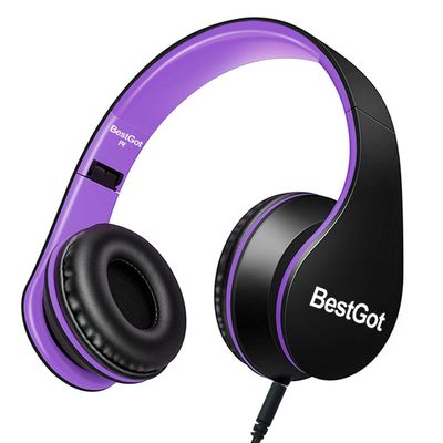 BESTGOT Kids Headphones for Children with Microphone Volume Control Foldable Headset with 3.5mm Plug Removable Cord (Black/Purple)