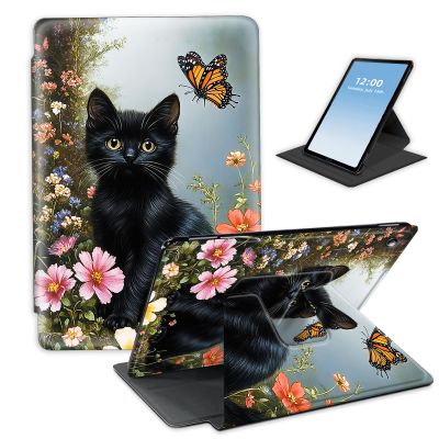 HGGJFLYX Case for Kindle Fire HD8 2018/2016/2017 Tablet,360 Degree Rotating Multi-Angle Viewing Stand Fold Leather Tablet Cover 8" for Kindle Fire HD8 2018,Auto Sleep/Wake,Garden Black Cat