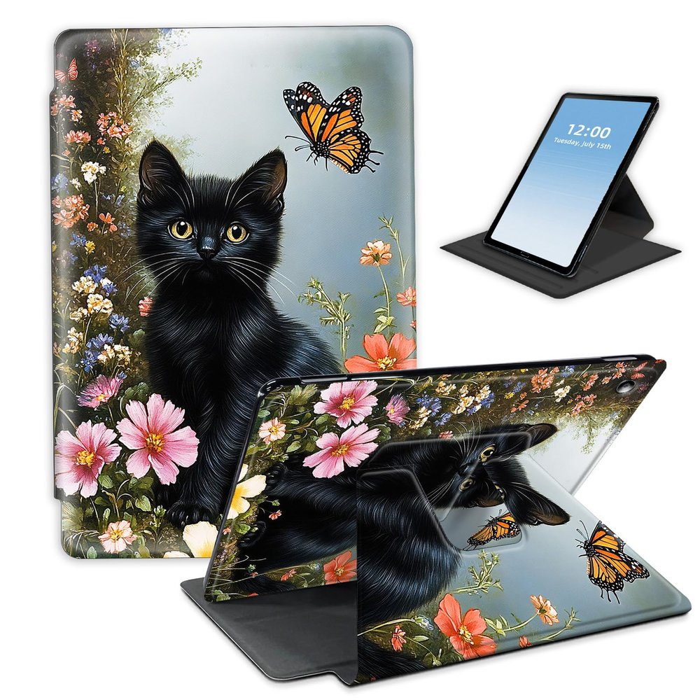 HGGJFLYX Case for Kindle Fire HD8 2018/2016/2017 Tablet,360 Degree Rotating Multi-Angle Viewing Stand Fold Leather Tablet Cover 8" for Kindle Fire HD8 2018,Auto Sleep/Wake,Garden Black Cat