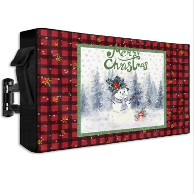 Outdoor TV Cover Merry Christmas Tree Cute Snowman Weatherproof Waterproof Outside TV Protector with Zipper,Snowflake on Red Black Plaid Smart Television Screen Cover for 30 to 32Inch Screens