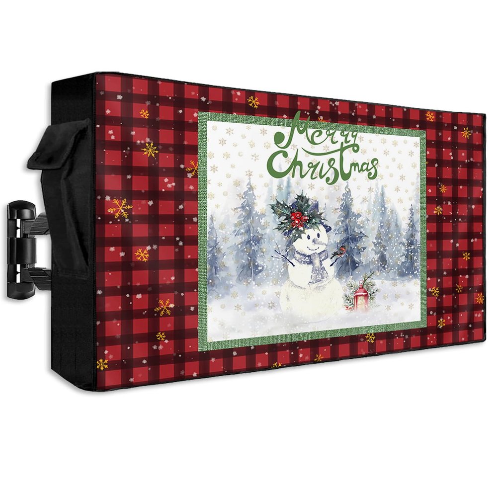 Outdoor TV Cover Merry Christmas Tree Cute Snowman Weatherproof Waterproof Outside TV Protector with Zipper,Snowflake on Red Black Plaid Smart Television Screen Cover for 30 to 32Inch Screens