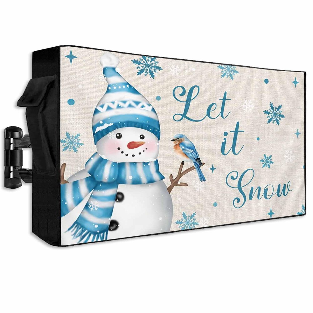 Outdoor TV Cover Christmas Snowman Bird Blue Snowflakes Weatherproof Waterproof Outside TV Protector with Zipper,Winter Snow Retro Linen Smart Television Screen Cover for 70 to 75Inch Screens