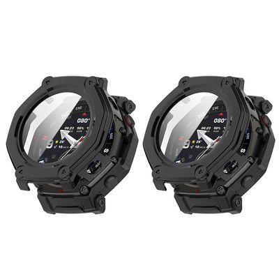 2 Pack Hard Case for Amazfit T-Rex 3 Pro Smartwatch with Screen Protector, Hard PC Protective Case Shockproof Anti-Scratch Bumper Cover with Tempered Glass (Black/Black)