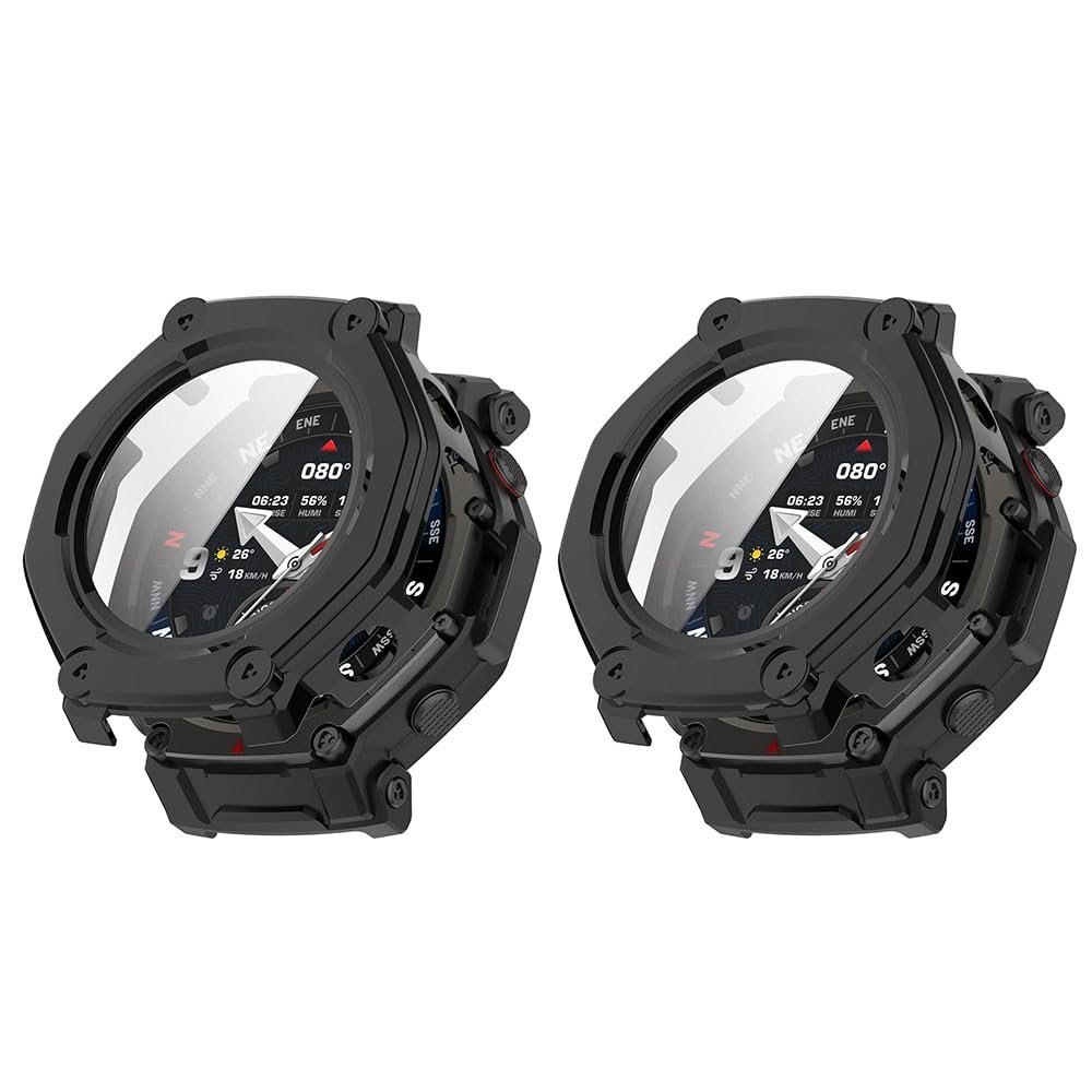 2 Pack Hard Case for Amazfit T-Rex 3 Pro Smartwatch with Screen Protector, Hard PC Protective Case Shockproof Anti-Scratch Bumper Cover with Tempered Glass (Black/Black)