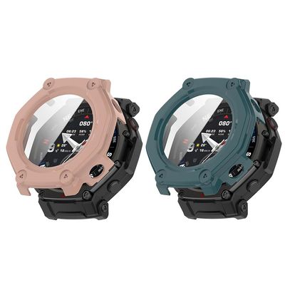 2 Pack Hard Case for Amazfit T-Rex 3 Pro Smartwatch with Screen Protector, Hard PC Protective Case Shockproof Anti-Scratch Bumper Cover with Tempered Glass (Pink/Green)
