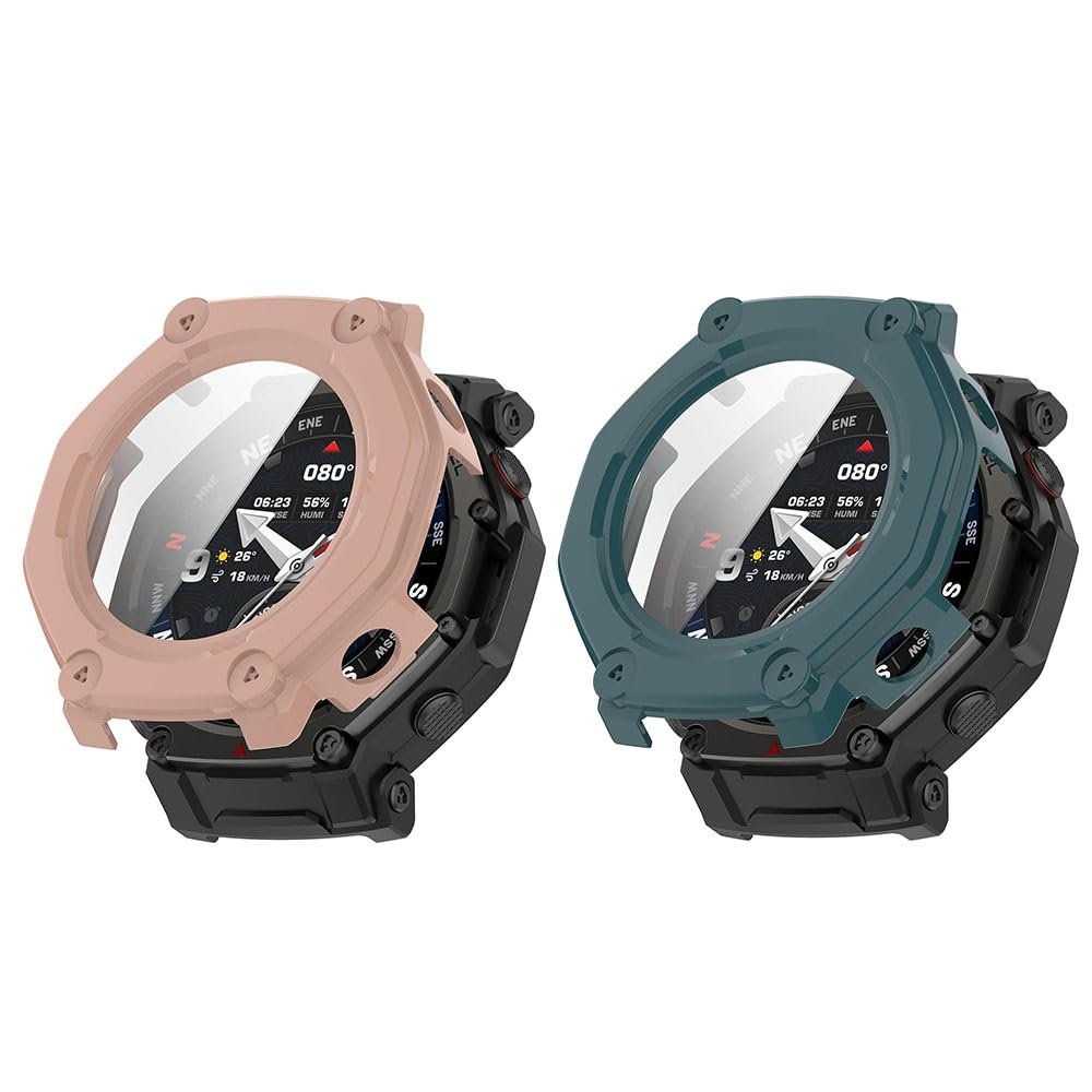 2 Pack Hard Case for Amazfit T-Rex 3 Pro Smartwatch with Screen Protector, Hard PC Protective Case Shockproof Anti-Scratch Bumper Cover with Tempered Glass (Pink/Green)