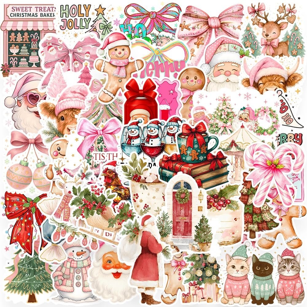 100PCS Christmas Stickers,Watercolor Christmas Vinyl Waterproof Stickers for Water Bottles Scrapbook Journal,Holidays Gifts