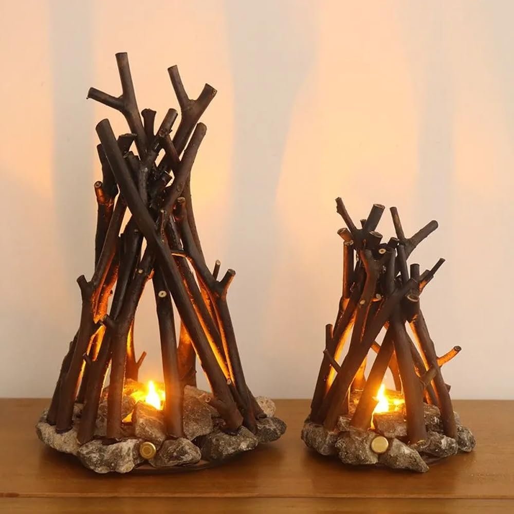 Gilubfckin Campfire Night Light with Touch Switch, Fake Campfire with Flame Sound, Wooden LED Dimmable Lamp, Rechargeable Table Lamp for Bedroom, Office and Bar