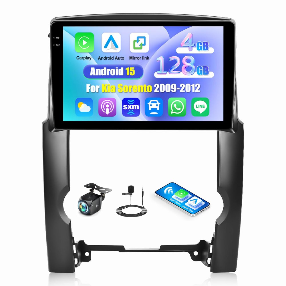 [4G+128G] Android 15 Car Radio for Kia Sorento 2009 2010 2011 2012 with Carplay Android Auto 10.1 Inch Touch Screen Bluetooth FM RDS/WiFi/GPS Navigation/SWC+AHD Backup Camera