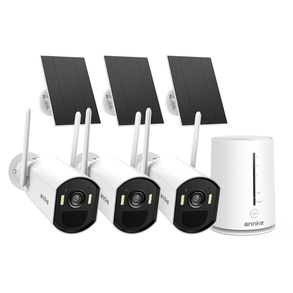 ANNKE 4MP Wireless Security Camera Outdoor, 5MP 3 Bullet Cam-Kit Solar Surveillance Home System, PIR Human Detection,Compatible with Alexa, 2-Way Audio, Color Infrared Night Vision, 64GB Memory Card