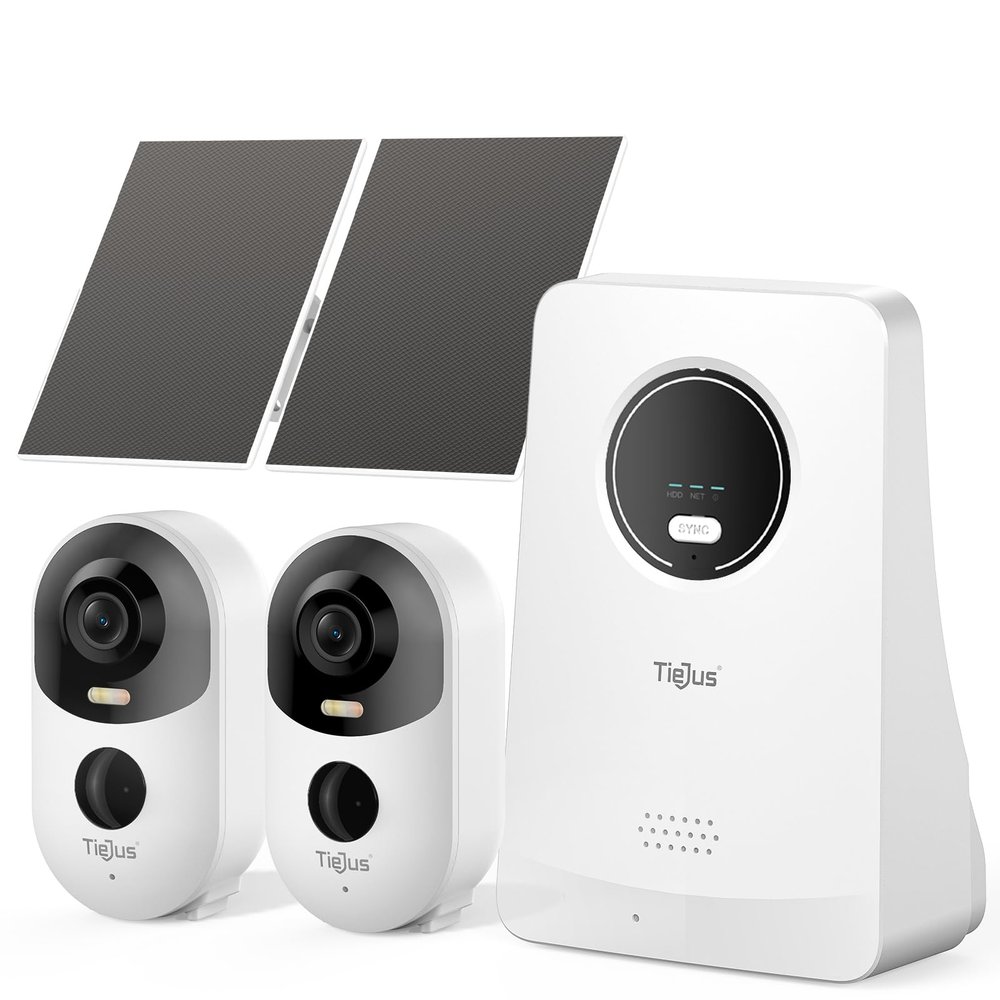 TIEJUS Solar Security Cameras Outdoor Wireless, 2K Home Security Camera System, Offline TV Viewing, No Subscription Needed, 4MP Color Night Vision, 32GB Local Storage, Easy Setup, 2.4/5GHz WiFi