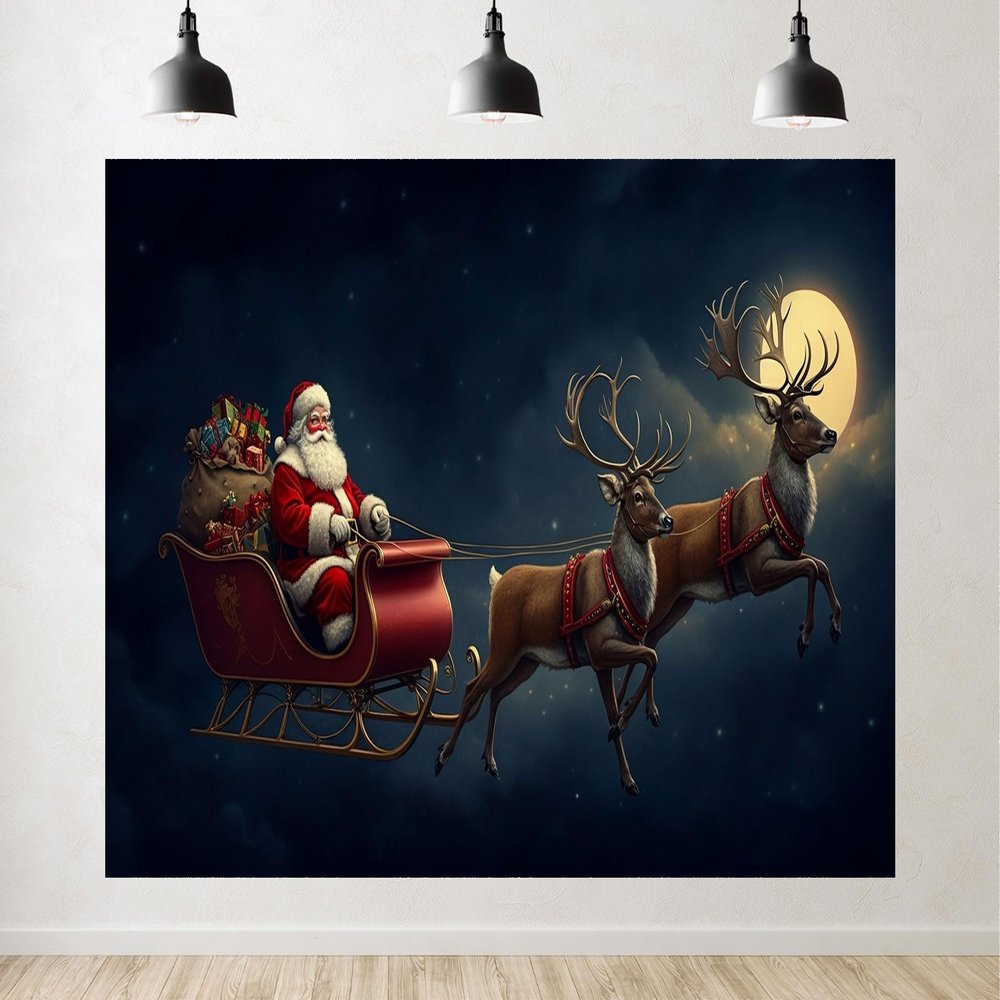 10x7ft Santa Sleigh with Reindeer Christmas Photography Backdrop Winter Night Background Decoration Holiday Merry Xmas Happy New Year Party Banner Photoshoot Studio Props Fabric