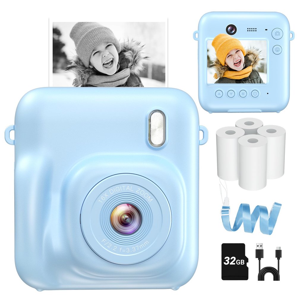 Kids Camera Instant Print, Dual Lens, with Print Paper, 32GB Card(Blue)