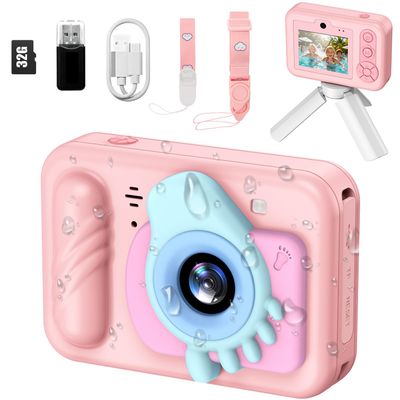 Kids Camera Waterproof - Underwater Camera for Kids, HD Digital Camera for Toddler with 1080P Video Recording, Ideal Christmas Birthday Gifts for Boys Girls Age 3-12 with 32GB Card (Light Pink)