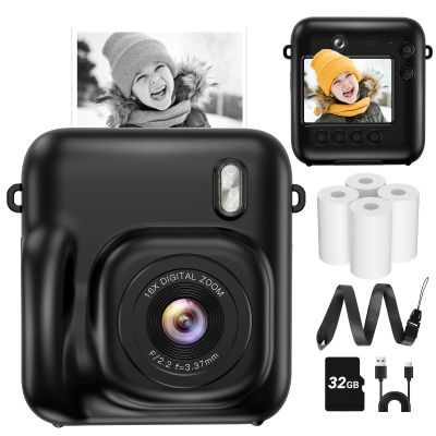 Instant Camera, Dual-Lens Kids Camera Instant Print for Boys Girls Christmas Birthday Gifts, 1080P Digital Cameras for Kids Teens with Print Paper, 32GB Card, Toddle Toy for Age 4-12 Years(Black)