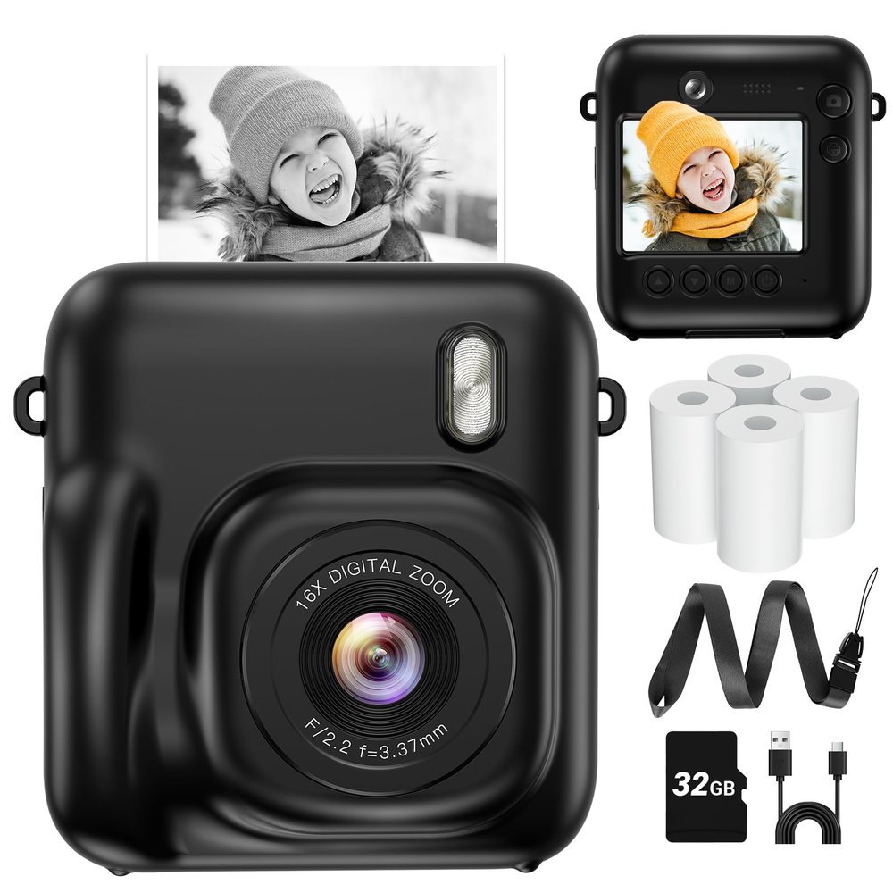 Instant Camera, Dual-Lens Kids Camera Instant Print for Boys Girls Christmas Birthday Gifts, 1080P Digital Cameras for Kids Teens with Print Paper, 32GB Card, Toddle Toy for Age 4-12 Years(Black)