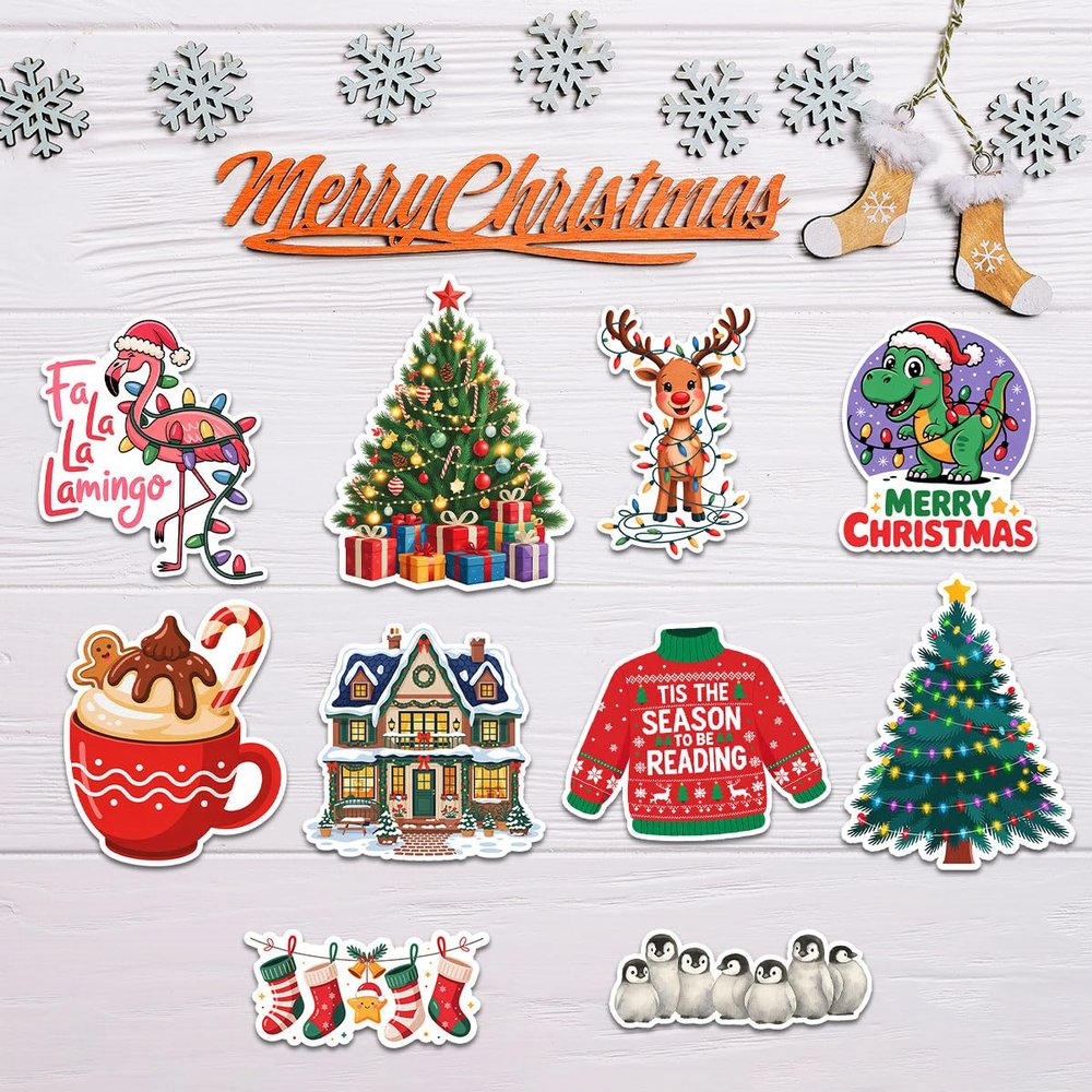 10 Pcs Cute Christmas Stickers, Holiday Vinyl Decals Featuring Flamingo, Reindeer, Sweater, Christmas Tree & Hot Cocoa, Festive Waterproof Stickers for Laptops, Water Bottles & Gift Wrapping