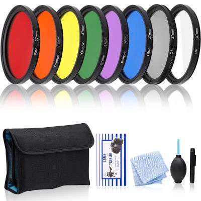 8-Piece Full Color Lens Filter Kit with UV & CPL 37/40.5/43/46/49/52/55/58/62/67/72/77/82mm for DSLR Cameras, Includes Red Orange Yellow Green Blue Purple UV CPL Filters, Cleaning Kit & Pouch (37mm)