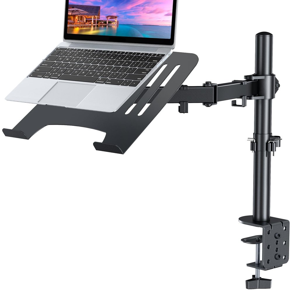 H&C(hcck&Cllassp) Laptop Desk Mount for 11"-17" Notebook, Fully Adjustable with Tilt, Swivel, Rotation, Extension, Single Laptop Arm with Vented Tray, C-clamp, Black