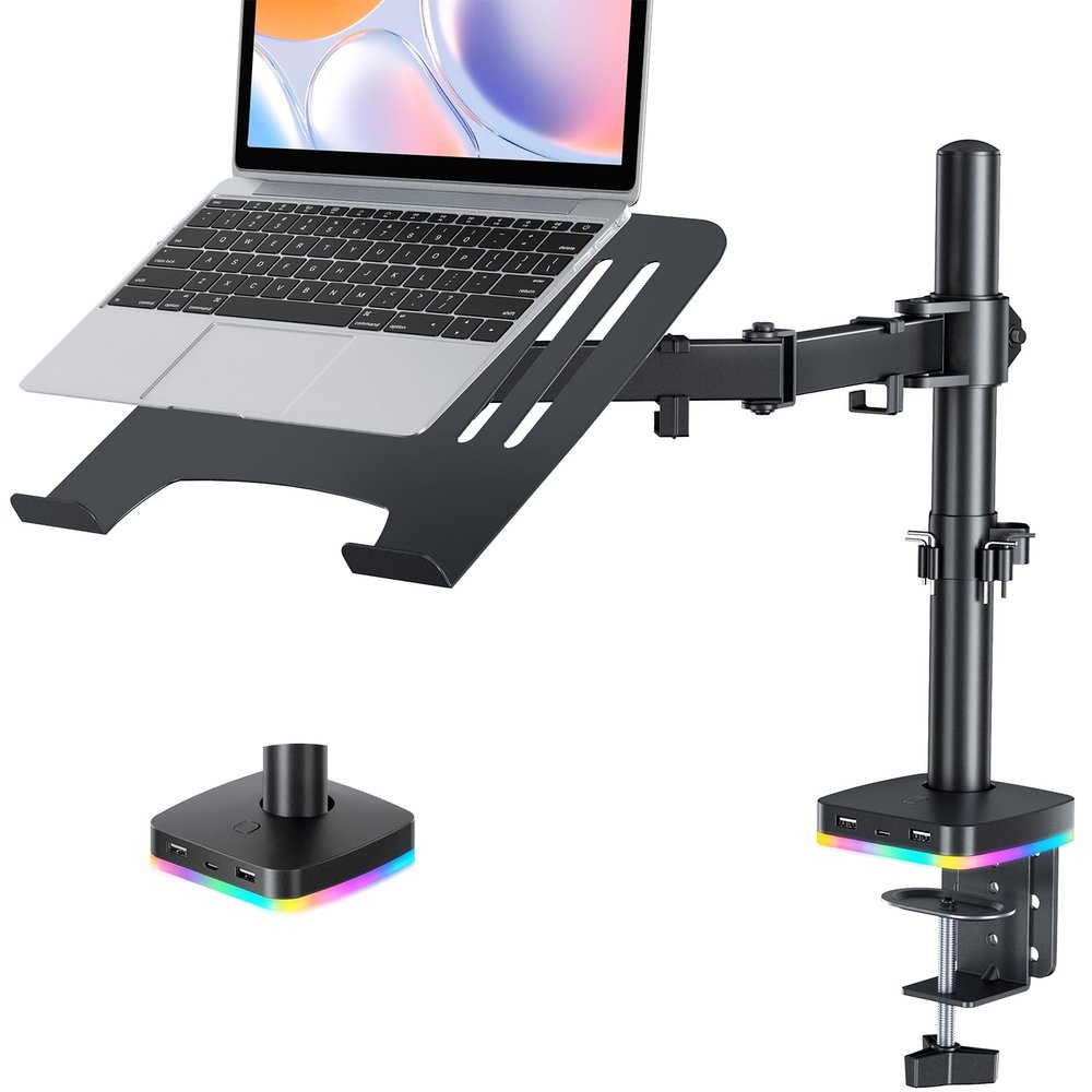 RGB 2 in 1 Laptop Monitor Desk Tray with 3 USB Ports, Charging and USB Data Transfer, Adjustable laptop stand for 13" to 32" Screen and 11"-17 Laptop, Holds 18lbs/Arm, 75x75/100x100 VESA, C-Clamp