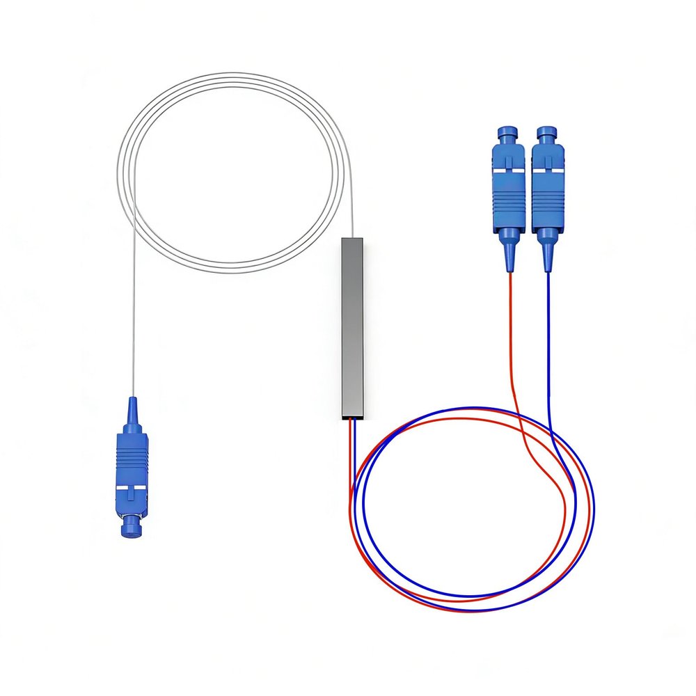 Duttek Precision 1x2 PLC Fiber Optic Splitter with SC/UPC connectors, Engineered for Minimal Insertion Loss and high Reliability in FTTx and PON architectures.