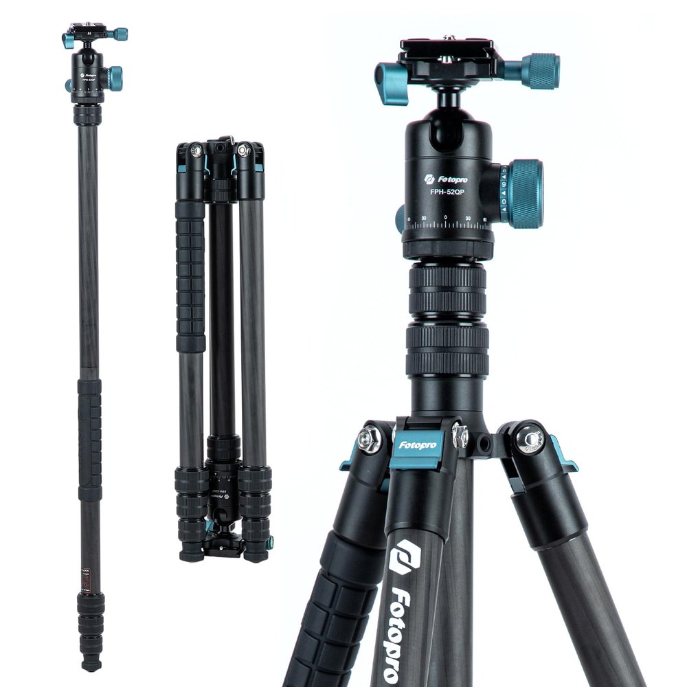 Fotopro 73"/185cm Carbon Fiber Travel Tripod for Camera, 360 Panorama Ball Head, Arca Quick Release Plate and Bag, Detachable Monopod for DSLR Camera Camcorder, Load up to 22lbs/10kg. X-Go Plus Blue
