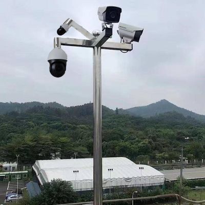 Outdoor Universal Security Pole for 4 Cameras, 2.0 2.5 3.0 m Surveillance Pole with Floor Stand Holder & Screws, Stainless Steel CCTV Camera Pole(3.0 m (9.8 ft))