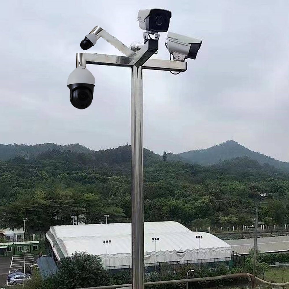 Outdoor Universal Security Pole for 4 Cameras, 2.0 2.5 3.0 m Surveillance Pole with Floor Stand Holder & Screws, Stainless Steel CCTV Camera Pole(3.0 m (9.8 ft))