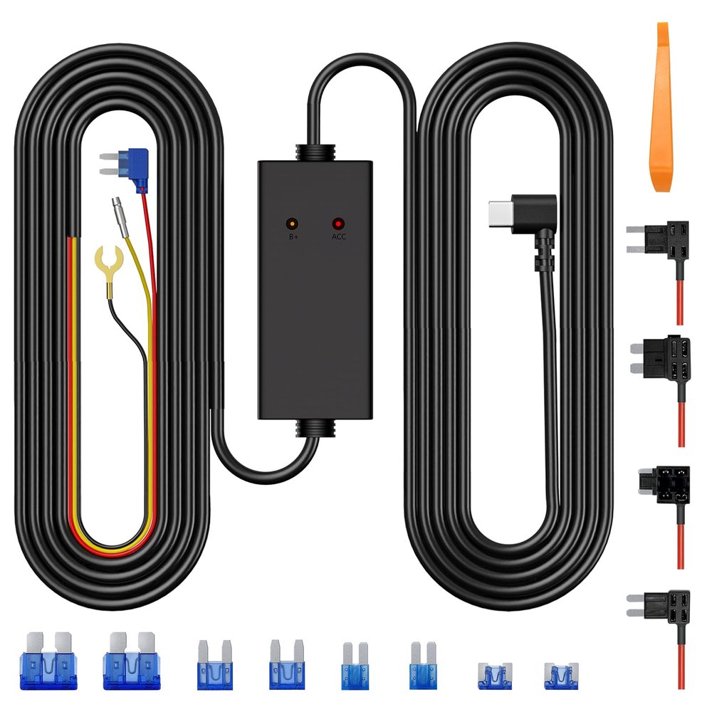 11.5ft USB-C Dash Cam Hardwire Kit, 12V24V to 5V 3A Dash Cam Charger Power Cable with 4 Fuse Taps, 24/7 Parking Monitor, Low Voltage Protection for RC09, GT820, GT806