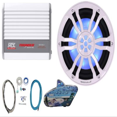 Rockville RM-PREMIUM104 White Bundle: 10 in Free Air 1200-Watt Peak/300-Watt RMS Marine Subwoofer, MTX WET500.1 Mono Amplifier, RMWK4 4 AWG Waterproof Amp Wiring Kit, 3-Items