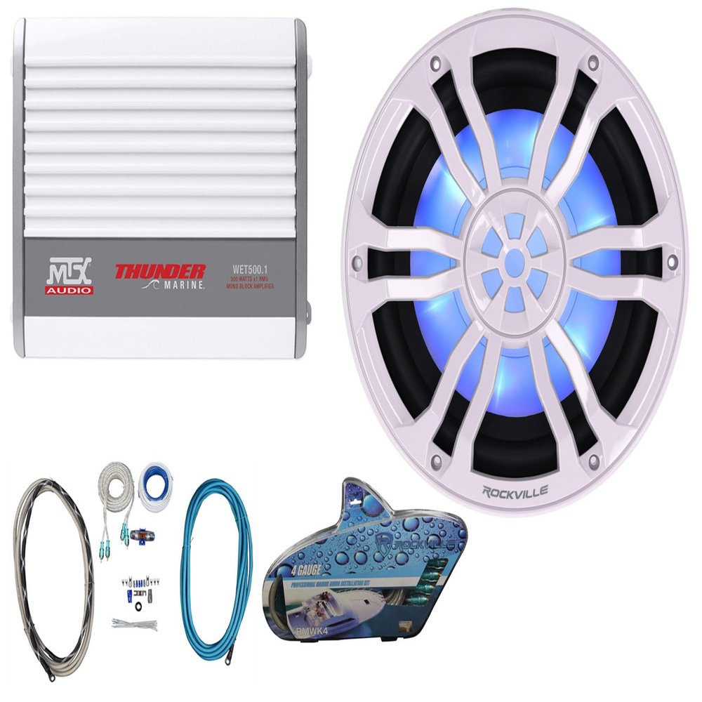 Rockville RM-PREMIUM104 White Bundle: 10 in Free Air 1200-Watt Peak/300-Watt RMS Marine Subwoofer, MTX WET500.1 Mono Amplifier, RMWK4 4 AWG Waterproof Amp Wiring Kit, 3-Items