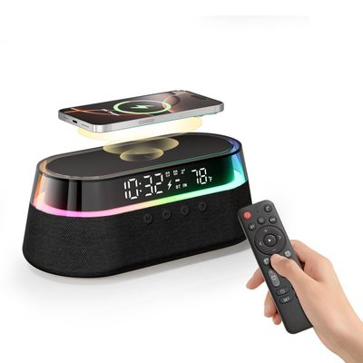 KUANGXIANG 6-in-1 Bluetooth Speaker Alarm Clock with Remote, 15W Fast Wireless Charger, FM Radio & Dimmable LED Night Light, Dual Digital Clock for Bedroom Home Office, Ideal for Him, Men Women