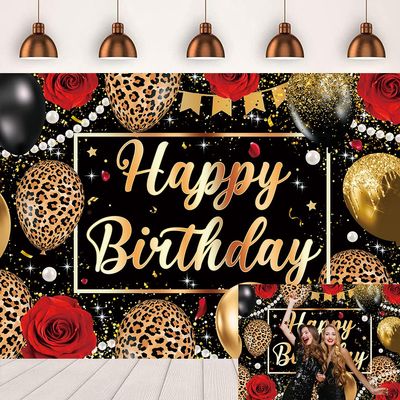 Leopard Print Birthday Backdrop Black Gold Balloons Red Rose Glitter Photography Background Women Adult Baby Shower Wedding Birthday Party Decorations Banner Photo Props 7x5FT