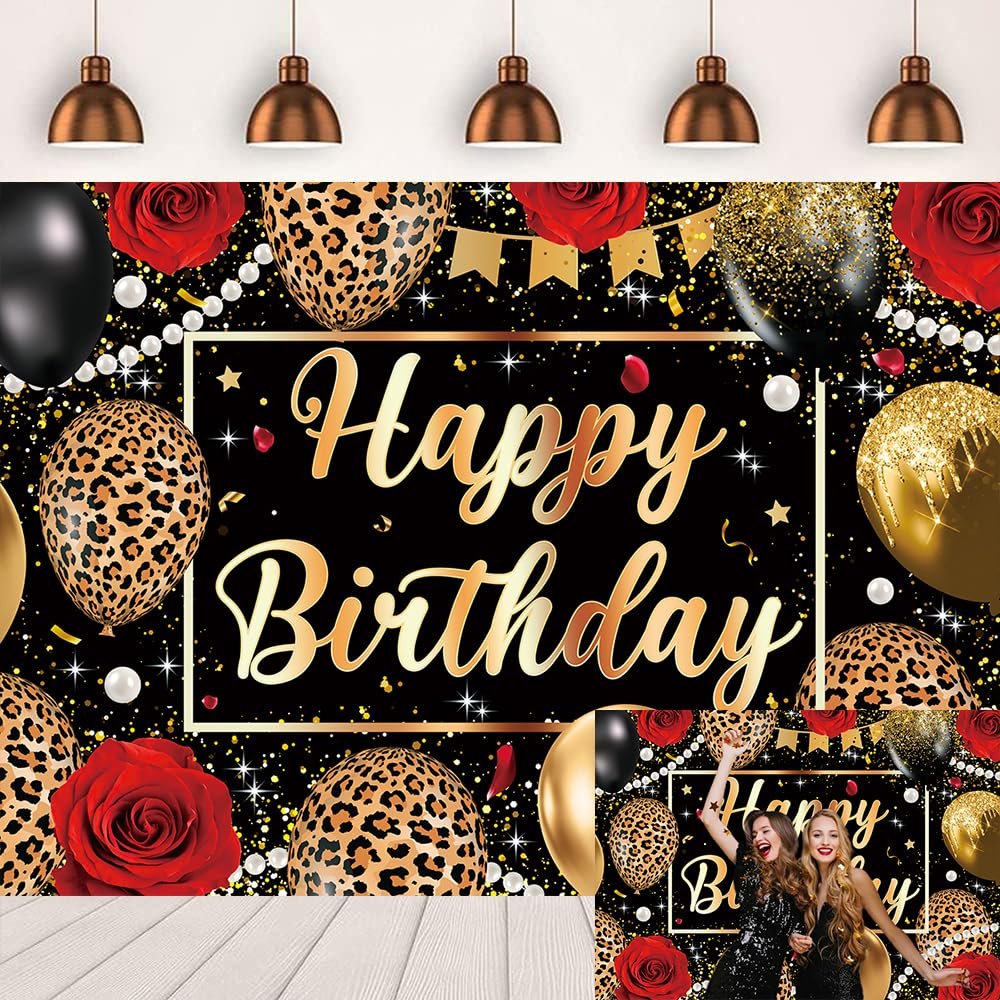 Leopard Print Birthday Backdrop Black Gold Balloons Red Rose Glitter Photography Background Women Adult Baby Shower Wedding Birthday Party Decorations Banner Photo Props 7x5FT