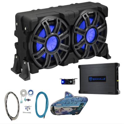 Audiosavings 51MWLE104 Bundle: Dual 10 in 400W Marine Boat Subwoofer Enclosure, DBM13 750-Watt RMS Mono Marine Amplifier with Remote, RMWK4 4 AWG Waterproof Amp Wire Kit, 3-Items