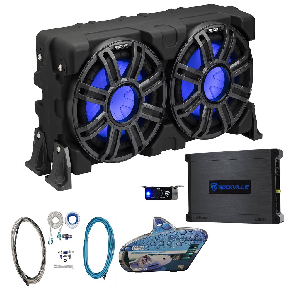 Audiosavings 51MWLE104 Bundle: Dual 10 in 400W Marine Boat Subwoofer Enclosure, DBM13 750-Watt RMS Mono Marine Amplifier with Remote, RMWK4 4 AWG Waterproof Amp Wire Kit, 3-Items